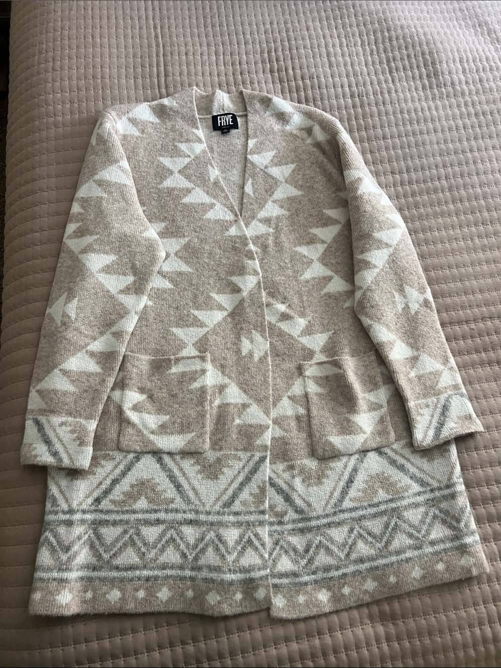 FRYE Cream and Beige Aztec Open-Front Cardigan